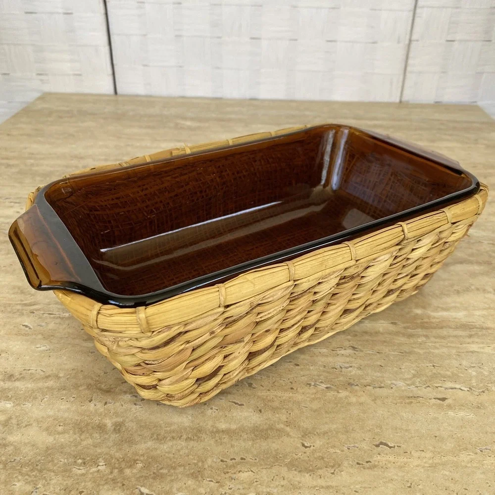 Anchor Hocking Fire King Loaf Pan Amber Glass 1 Qt w/ Wicker Basket Vintage MCM